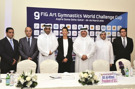 President of the Qatar Gymnastics Federation Ali al-Hitmi (third right) along with other officials at the announcement of the 9th Artistic Gymnastics World Cup Challenge Cup, which will be held at the Aspire Dome from March 24th to 26th.
