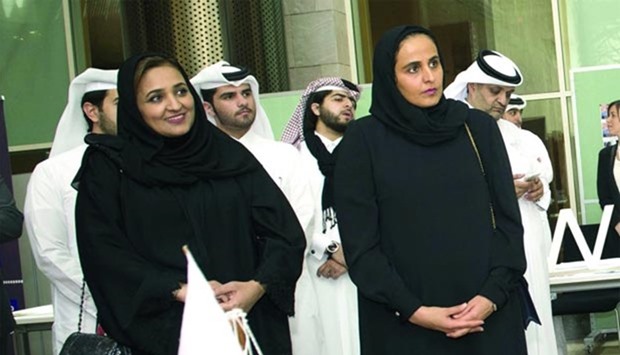 HE Sheikha Al Mayassa bint Hamad bin Khalifa al-Thani and Dr Sheikha Aisha bint Faleh al-Thani touring an exhibition on the sidelines of Empower 2016. 