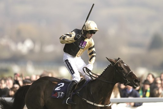 Ruby Walsh celebrates winning the 1.30 JLT Novicesu2019 Chase on Black Hercules during the Cheltenham Festival yesterday. (Reuters)