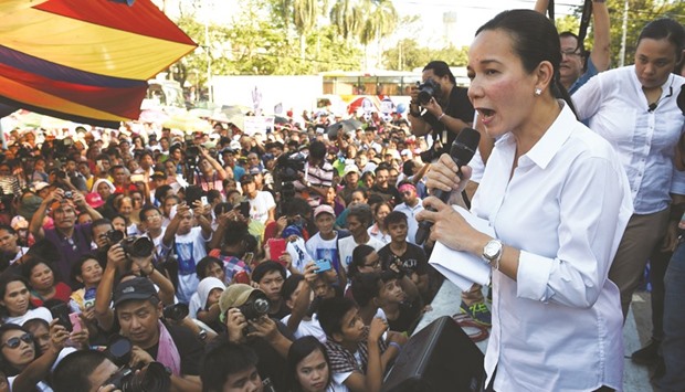 File photo of Philippine presidential candidate Grace Poe addressing supporters during a rally in Manila.