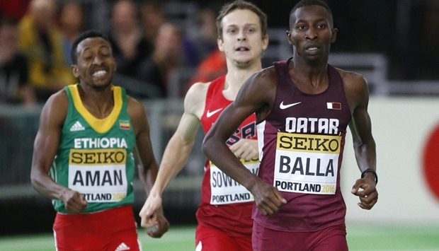 Qataru2019s Musaeb Abdulrahman Balla runs in the menu2019s 800 meters heat during the IAAF World Indoor Athletics Championships in Portland, Oregon on Friday. (Reuters)