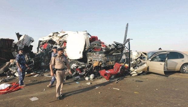 An Omani police handout photo of the accident site on the road between Ibri and Fahud in western Oman.