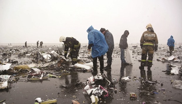 Investigators working at the crash site of the Boeing 737-800 Flight FZ981 operated by Dubai-based budget carrier Flydubai yesterday.