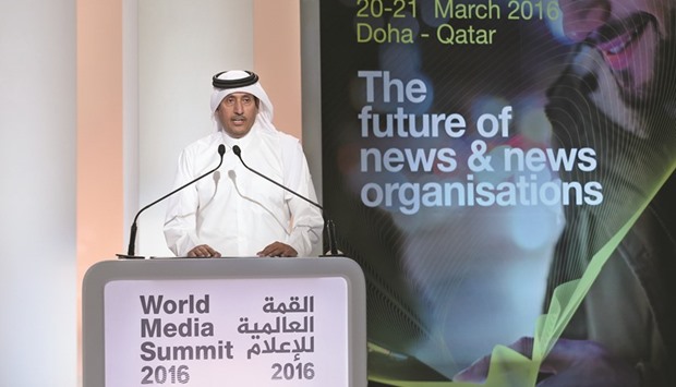 Al Jazeera Media Network chairman Sheikh Hamad bin Thamer al-Thani addressing the opening session of the World Media Summit 2016 in Doha yesterday.