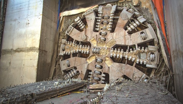 A tunnel boring machine achieving the u201cbreakthroughu201d in the northern section of the Doha Metrou2019s Red Line near Doha Golf Club yesterday.
