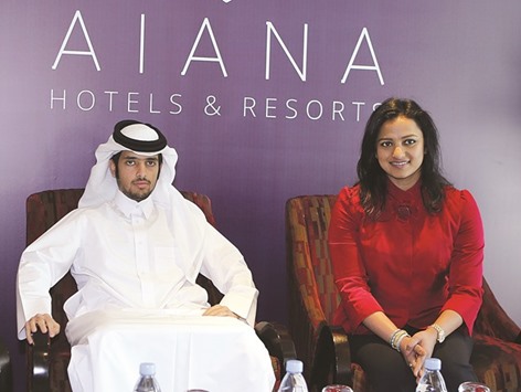 Sheikh Turki (left) and Amruda Nair giving details of Aiana Hotels & Resortsu2019 projects in Doha yesterday.