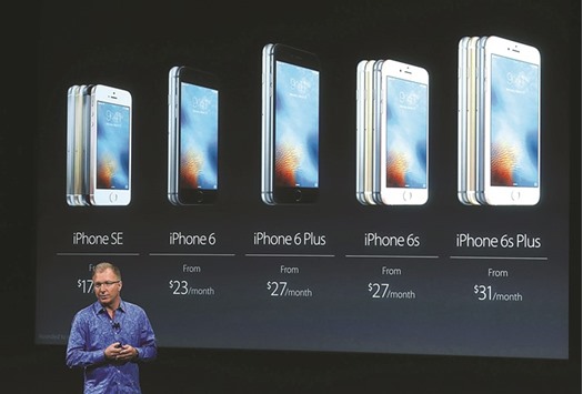 Apple vice-president Greg Joswiak unveils the new iPhone SE during an Apple special event at the Apple headquarters in Cupertino, California yesterday. The company is expected to update its iPhone and iPad lines, and introduce new bands for the Apple Watch.