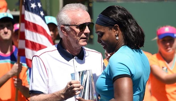 Indian Wells Tennis Garden CEO Raymond Moore is seen with Serena Williams after the women's final of the BNP Paribas Open in Indian Wells, California.