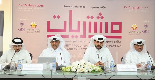 Al-Khalifa, along with other officials, announcing u2018Moushtarayatu2019 in Doha yesterday.