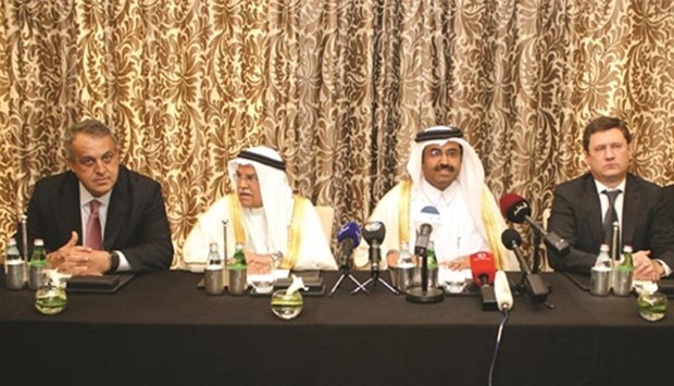 Qataru2019s Energy Minister HE Dr Mohamed bin Saleh al-Sada is seen with Venezuelau2019s Oil Minister Eulogio del Pino (left) Saudi Arabiau2019s Oil Minister Ali al-Naimi (second left) and Russiau2019s Energy Minister Alexander Novak (right) following their meeting in Doha last month.