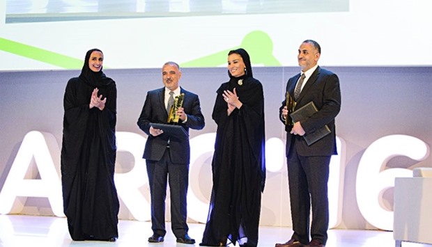 HH Sheikha Moza bint Nasser and HE Sheikha Hind bint Hamad al-Thani along with the award winners Dr Adnan Abu-Dayya and Dr Shehab Ahmed. PICTURE: AR Al-Baker / HHOPL.