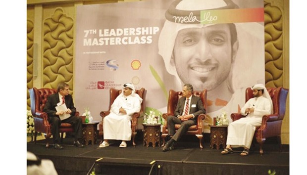 SC secretary general Hassan al-Thawadi, HE Sultan bin Rashid al-Khater, Undersecretary of the Ministry of Economy and Commerce, and Shell Qatar vice president Michiel Kool at the inaugural session of the one-day seminar entitled u2018Personal Leadership in a Rapidly Changing Worldu2019 organised by the Doha-based Middle East Leadership Academy (MELA).