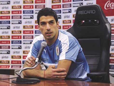 Uruguayu2019s Luis Suarez speaks at a press conference in the Complejo Celeste in Montevideo. (AFP)