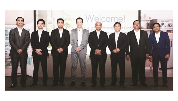 Officials of Samsung Gulf Electronics and Techno Blue Qatar at the launch event in Doha.