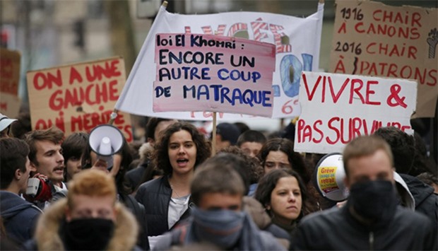 French high school and university students protest against the labour reform bill