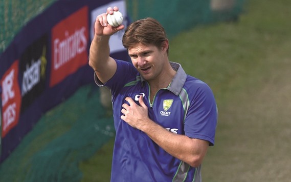Australiau2019s Shane Watson holds a ball as he participates in a training session at The Punjab Cricket Stadium Association Stadium in Mohali yesterday.