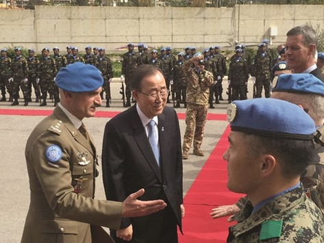 UN Secretary General Ban Ki-moon and UNIFIL Commander Major General Luciano Portolano review troops at the UNIFIL headquarters in the southern Lebanese village of Naqura.