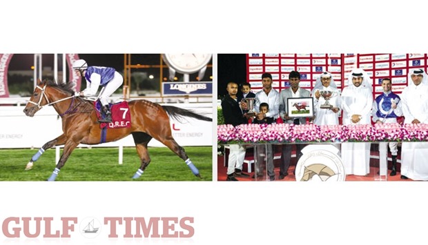 Jockey Marco Monteriso rides Mohamed Hussain-trained Gerrardu2019s Quest to victory in the Class 2 Umm Al Afai Cup at the QREC yesterday. The Maryam Adel AA al-Muslimani-owned colt won the 1800m turf race ahead of MHK al-Attiyah-schooled Ard San Aer and Jassim Ghazaliu2019s charge Opera Baron. At right, Qatar Racing and Equestrian Club (QREC) general manager Nasser Sherida al-Kaabi with the winners of the Umm Al Afai Cup. PICTURES: Juhaim