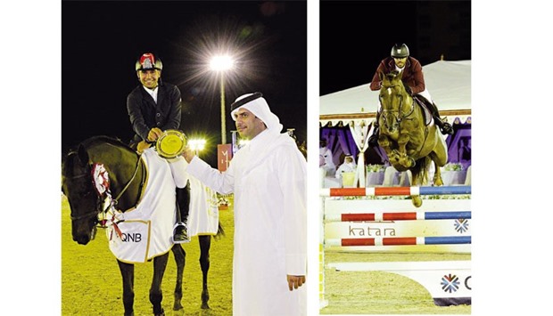 Qatar Equestrian Federation president Hamad bin Abdulrahman al-Attiyah presents the trophy to Turkeyu2019s Omer Karaevli, who won the CSI4* Two phases, Art. 274.5.3, 145cm event. Right: Qataru2019s Mubarak Yousuf al-Rumaihi riding Vivaldi K clears a hurdle during the third and final leg of the QNB Doha Tour equestrian championship at Katara yesterday. PICTURES: Garsi Lotfi