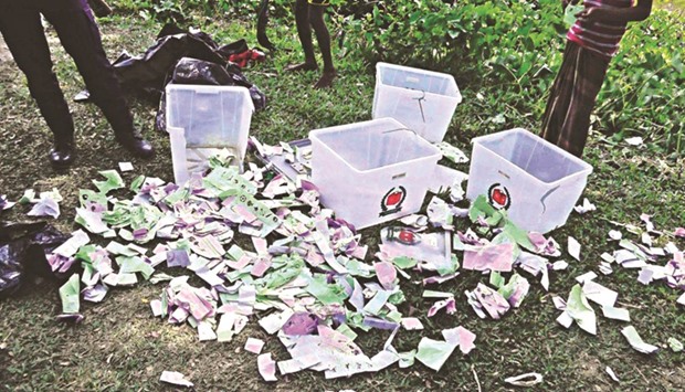 Ballot boxes and torn-up ballots found scattered after 15 to 20 ruling party people on Tuesday last stormed the Narayanpasha Primary School polling station in Kanakdia of Patuakhali district and took five boxes during the Union Parishad election. The boxes were later found in a pond.