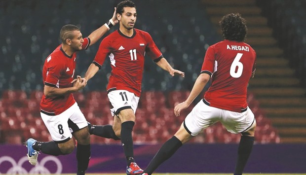 Mohamed Salah (centre) scored a late equaliser for Egypt in their African Cup of Nations qualifying clash against Nigeria