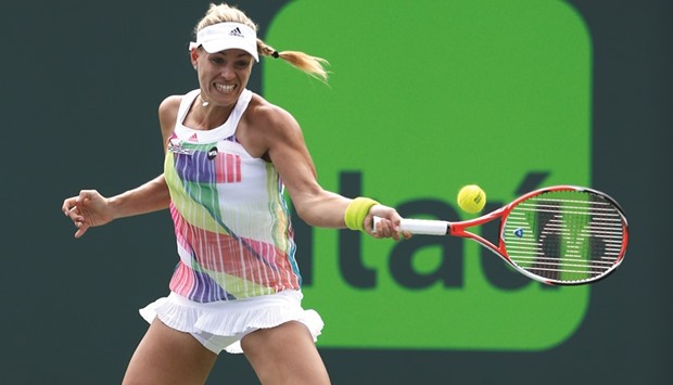 Angelique Kerber hits a forehand against Barbora Strycova during Miami Open at Crandon Park Tennis Center.