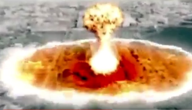 An image brag from the video that ends with a digitally manipulated sequence showing a submarine-launched nuclear missile surging through clouds, swerving back to the earth, slamming into the road in front of Washington's Lincoln Memorial  and exploding.