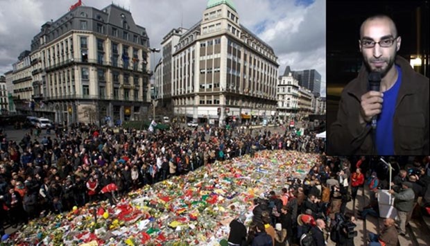 People pay tribute outside the Brussels stock exchange on Sunday. Inset, Faycal Cheffou.