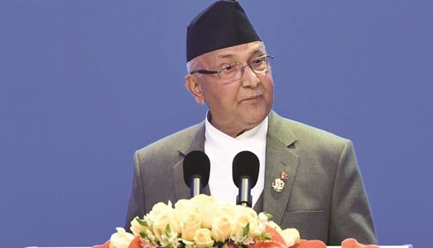 Nepalese Prime Minister K P Sharma Oli speaking after his return from China, in Kathmandu yesterday.