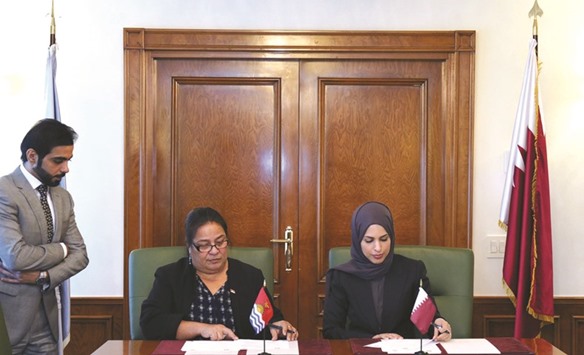 HE Sheikha Alia Ahmed bint Saif al-Thani and  ambassador Makurita Baaro signing the joint statement in New York.