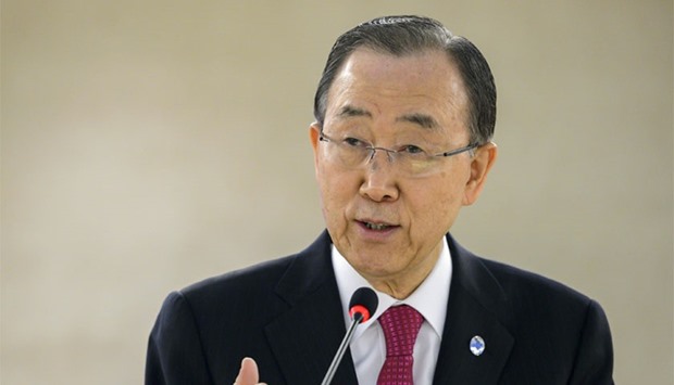 United Nations Secretary General Ban Ki-Moon delivers a speech during a conference of the United Nations High Commissioner for Refugees aimed at securing concrete pledges from world nations to resettle Syrian refugees at the UN Offices in Geneva. AFP
