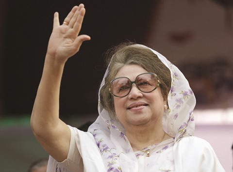 BNP chairperson Khaleda Zia waves to activists as she arrives for a rally in Dhaka in this file picture.