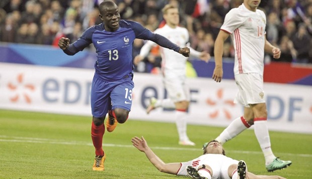 Franceu2019s Nu2019Golo Kante celebrates after scoring a goal against Russia in an International Friendly. (Reuters)