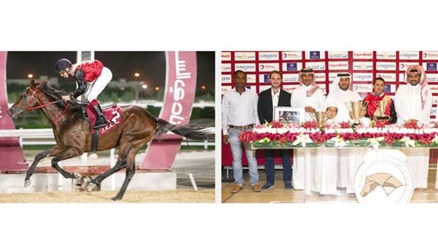 Jockey Yanis Aouabed rides Moaddie to victory in the Ras Laffan Cup at the QREC yesterday. At right, Qatar Racing and Equestrian Club general manager Nasser Sherida al-Kaabi with the winners of the Ras Laffan Cup at the QREC yesterday. Jockey Yanis Aouabed and Moaddie raced to their third straight win this season, winning the 1900m Ras Laffan Cup on the dirt at QREC. The Footstepsinthesand progeny, owned by Ahmed Hassan al-Malki al-Jehani, beat younger brother Footprintinthesand, owned by Mohamed Kazim al-Ansari & Sons, for the third straight outing. PICTURES: Juhaim