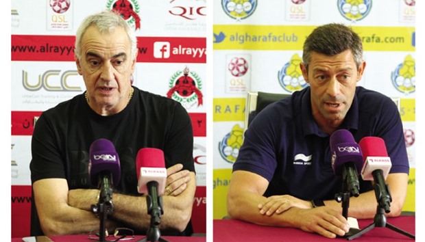 Al Rayyan coach Jorge Fossati (L) and Gharafa coach Pedro Caixina during the pre-match press conferences.