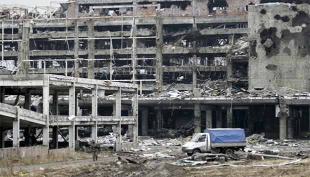 Buildings destroyed during battles with the Ukrainian armed forces, at Donetsk, Ukraine