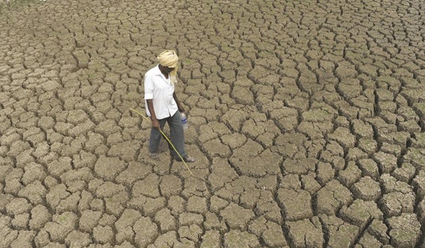 A shepherd walks on the bed of the dried up Osman Sagar Lake, commonly known as Gandipet, on the outskirts of Hyderabad yesterday. The Osman Sagar lake, one of the principal sources of drinking water in Telangana, has almost dried up completely as temperatures rise with the onset of summer across the country.