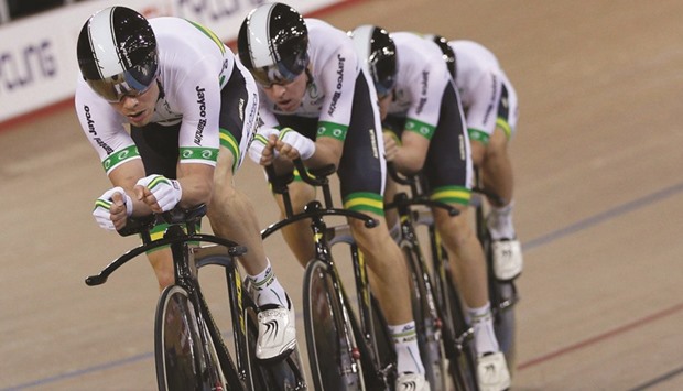 Australiau2019s Michael Hepburn, Callum Scotson, Luke Davison and Sam Welsford cycle to gold in the Team Pursuit final at the 2016 Track Cycling World Championships at the Lee Valley VeloPark in London on Thursday. (AFP)