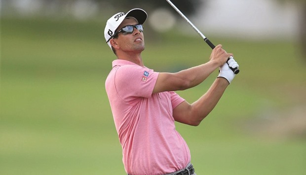 Adam Scott of Australia plays a shot on the 18th hole at Trump National Doral Blue Monster Course on Friday.