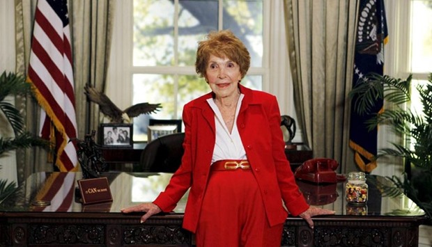 Nancy Reagan is seen in a replica of the Oval Office at the Ronald Reagan Presidential Library in Simi Valley, California in this September 7, 2011 file photo.
