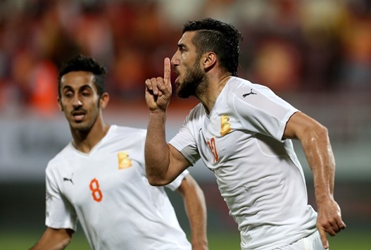 Umm Salal striker Ismael Mahmoud celebrates after scoring the equaliser against Lekhwiya yesterday.