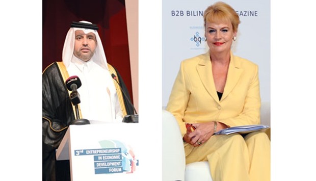 HE the Minister of Economy and Commerce Sheikh Ahmed bin Jassim bin Mohamed al-Thani opening the 3rd Entrepreneurship in Economic Development Forum at the Sheraton Doha yesterday. Right: Polano. PICTURES: Thajudheen