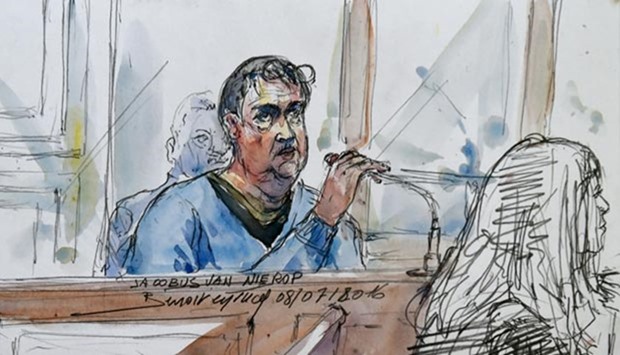 A courtroom sketch made shows Jacobus Marinus van Nierop attending his trial at the Nevers courthouse, central France.