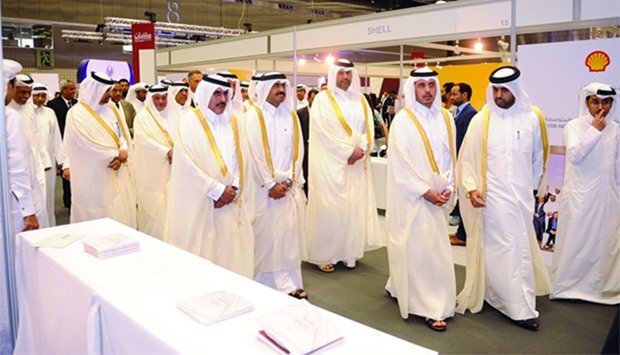 HE the Prime Minister and Minister of Interior Sheikh Abdullah bin Nasser bin Khalifa al-Thani tours the exhibition hall of the u201c1st Government Procurement and Contracting Conference & Exhibition (Moushtarayat)u201d held at the QNCC. PICTURE: Najeer Feroke