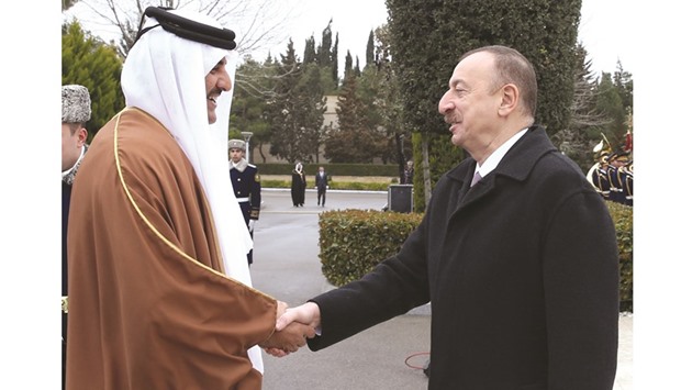 HH the Emir Sheikh Tamim bin Hamad al-Thani meeting Azerbaijan President Ilham Aliyev in Baku yesterday. The two leaders discussed means of enhancing bilateral relations and advancing areas of co-operation in different fields, especially in economy, trade, investment, energy and culture.