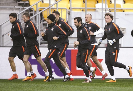 Shakhtar players training prior to their match against Anderlecht.