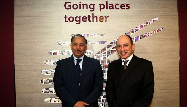 Abdulrahman bin Mohamed al-Khulaifi, Qatar's ambassador to Germany, with Akbar al-Baker at the new Qatar Airways stand at ITB Berlin.