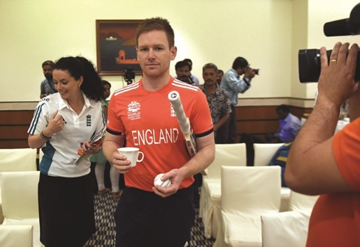England cricket team captain Eoin Morgan (centre) at a press conference in Mumbai yesterday. England play their first match in the World T20 tournament against the West Indies on March 16 in Mumbai. (AFP)