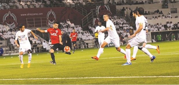 Al Rayyanu2019s Rodrigo Tabata (second from left) shoots to score against Al Wakrah during their match on Saturday. Wakrah lost the match 0-5 and will look to leave the defeat behind when they take on Mesaimeer today.