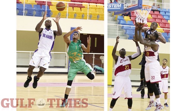 Al Ahliu2019s Terrence Joyner Jr. (right) and Al Khoru2019s Charles Abouo try to get their hands on the ball during their Qatar Basketball Cup match at Al Gharafa Sports Club yesterday.  Picture at right: El Jaishu2019s Vernon Leon Macklin (right) in action during their Qatar Basketball Cup match against Al Sadd yesterday. Macklin scored 27 points in the teamu2019s 74-73 win. PICTURES: Othman Iraqi